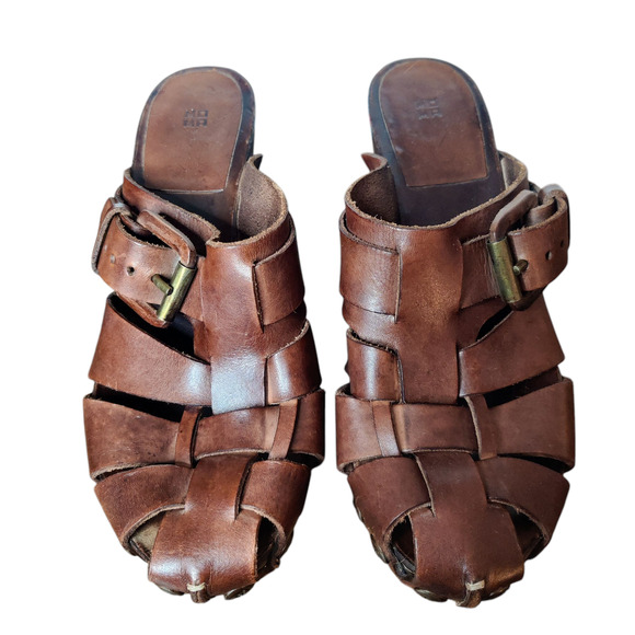 MOMA Italian Brown Leather Woven Platform Mules Size 38 Side Buckle Y2K Style - Picture 2 of 11